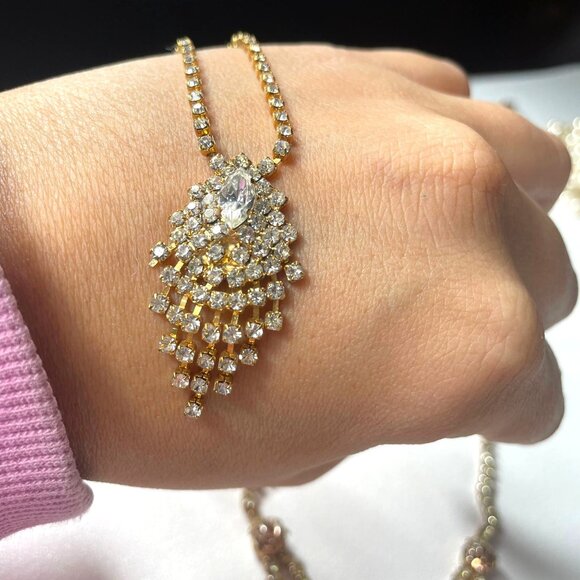 Vintage Rhinestone Statement Necklaces Set Of 2 With Gold-Tone Chains & Intricat - Picture 11 of 14